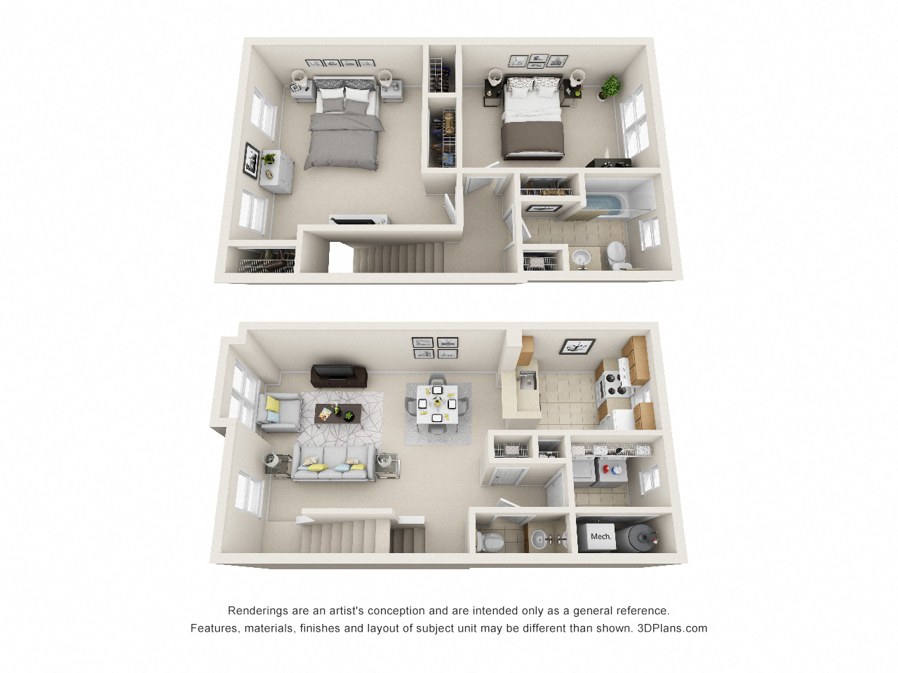 Floor plan for 2 beds, 1.5 baths, 1154 sqft